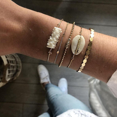 5pcs/sets Gold Beaded Bracelets White Natural Stone Bohemian Beach Shell Brangles