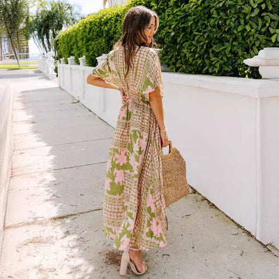 High Waist Batwing Sleeve V-neck Women's Printed Wear Dress