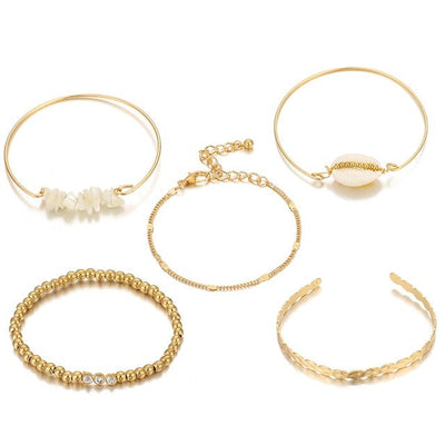 5pcs/sets Gold Beaded Bracelets White Natural Stone Bohemian Beach Shell Brangles