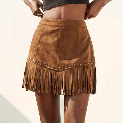 Elegant Vacation Style Women's Suede Fringe Rivet Design Short Skirt