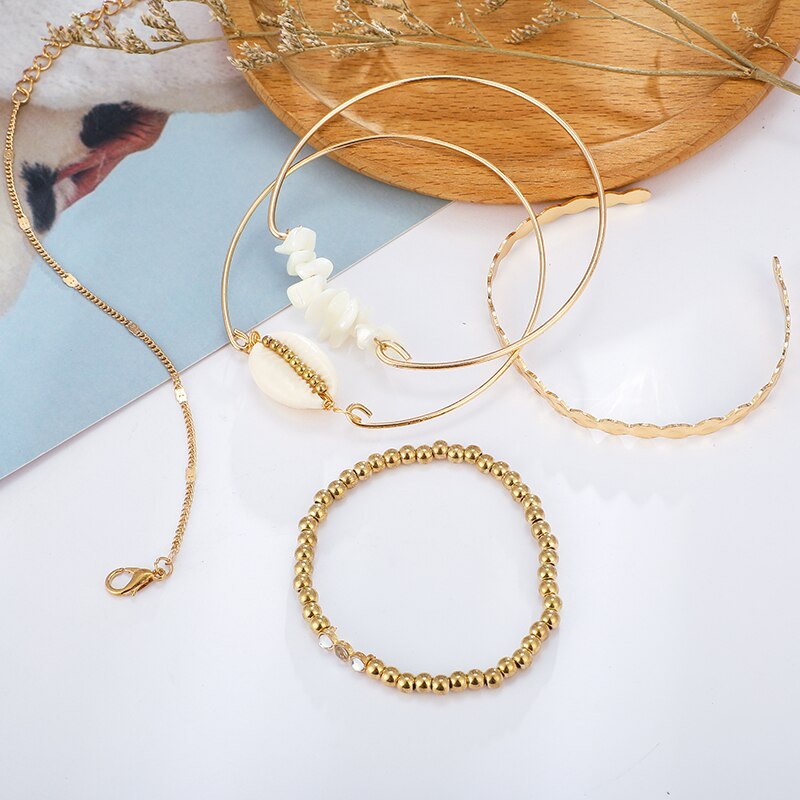 5pcs/sets Gold Beaded Bracelets White Natural Stone Bohemian Beach Shell Brangles