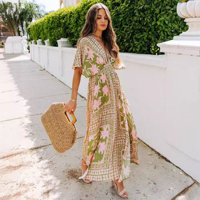 High Waist Batwing Sleeve V-neck Women's Printed Wear Dress