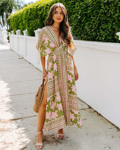 High Waist Batwing Sleeve V-neck Women's Printed Wear Dress