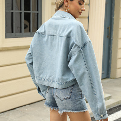 Veste en jean courte ample avec motif de rivet Mode Casual à manches longues Vêtements d’extérieur pour femmes
