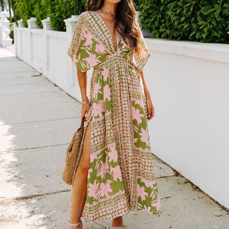 High Waist Batwing Sleeve V-neck Women's Printed Wear Dress