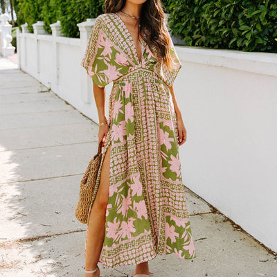 High Waist Batwing Sleeve V-neck Women's Printed Wear Dress