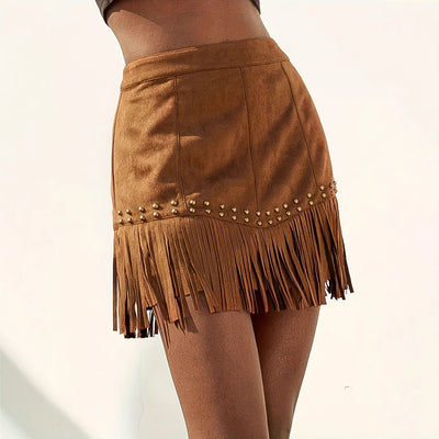 Elegant Vacation Style Women's Suede Fringe Rivet Design Short Skirt