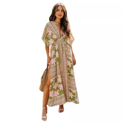 High Waist Batwing Sleeve V-neck Women's Printed Wear Dress